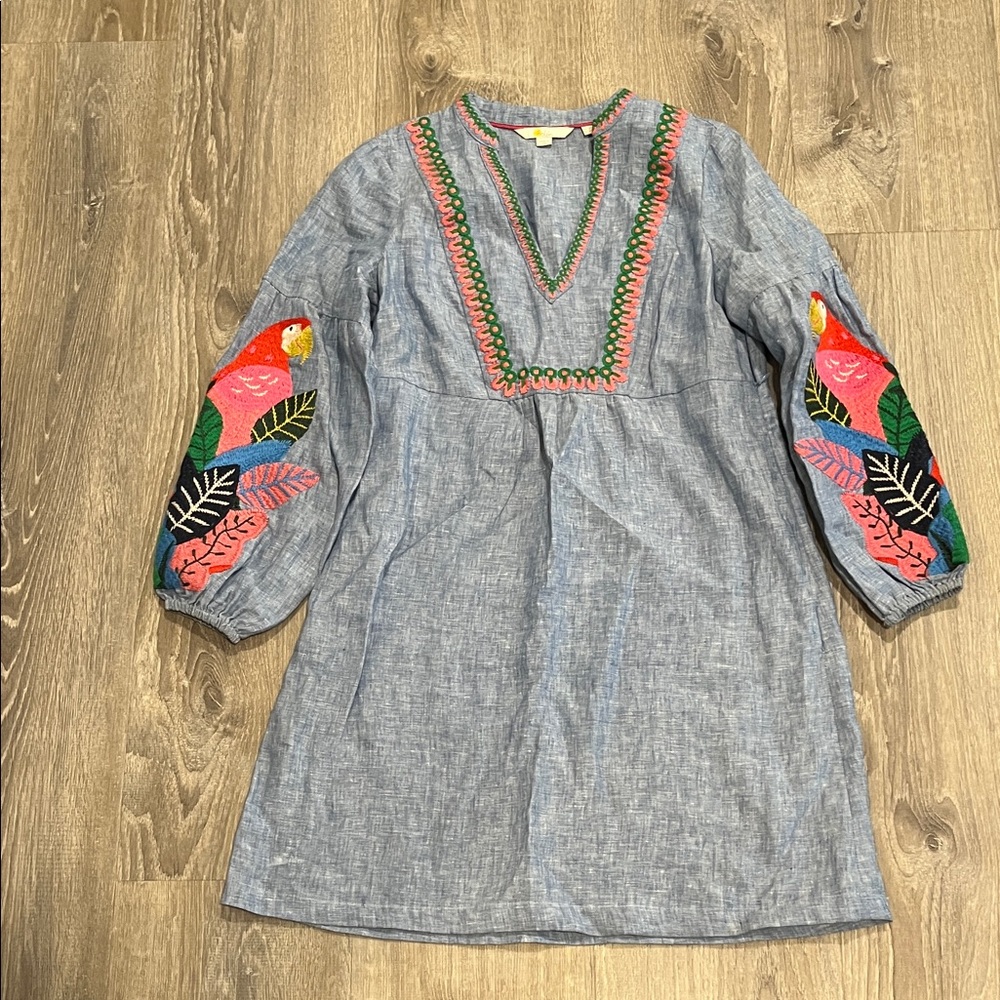Boden Blue Dress with Colorful Parrot Embroidery Leonie Linen Dress